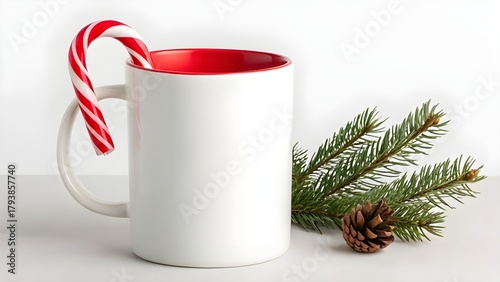 White coffee mug mockup with a candy cane and pine branch for a festive Christmas holiday. Blank cup for design presentation