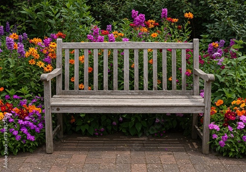 A weathered wooden garden bench surrounded by a vibrant display of colorful summer flowers in full bloom on a sunny day ,spring ,nature ,plant