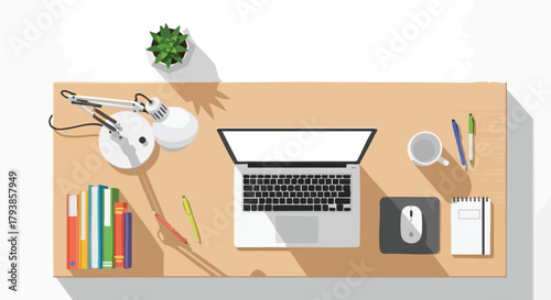 Minimalist workspace depiction featuring a laptop, lamp, books, and stationery, designed for creative business professionals focused on productivity