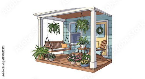 Inviting Porch Scene with Hanging Swing and Blooming Flowers for Relaxation Retreat