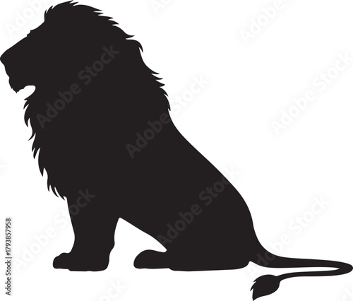 Black silhouette of a majestic lion sitting with its mouth open on a white background animal
