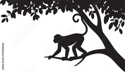 Black silhouette of a monkey perched on a tree branch with leaves vector