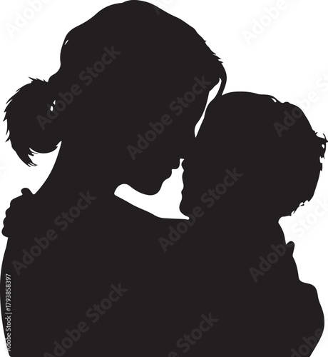 Black silhouette of a mother embracing her child with love and tenderness baby embrace
