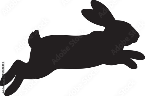 Black silhouette of a rabbit leaping forward with ears up and tail visible bunny white