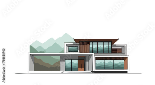 Modern Architectural Drawing of a Minimalist House with Mountain Backdrop Visualizing Sustainable Luxury Living