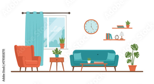 Illustration of a cozy living room interior with plants and stylish furniture arrangement