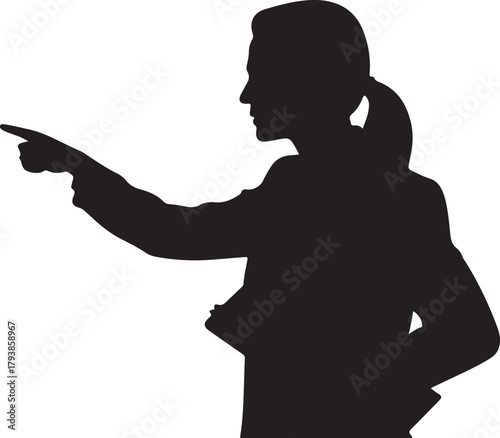 Black silhouette of a woman in profile pointing her index finger forward vector