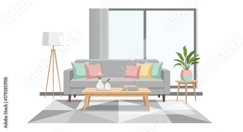 Modern living room interior with contemporary furniture and bright natural light from large window setting a calm and inviting atmosphere