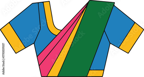 Blue and green sari blouse with pink and yellow accents Indian clothing traditional dress
