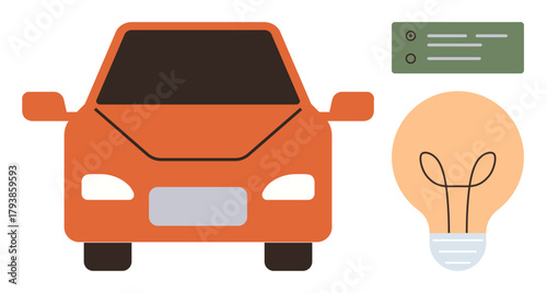 Red car front view with clipboard and light bulb signifying technology, ideas, innovation, progress, automotive design, brainstorming, and smart solutions. Ideal for transportation, learning energy