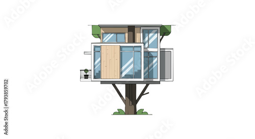 Elevated living: A modern treehouse design blending architecture with nature's tranquility  a whimsical and eco-conscious architectural concept