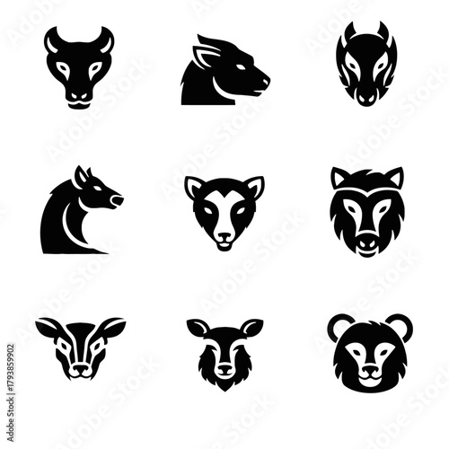 Collection of stylized mammal animal head icon logos in black silhouettes.