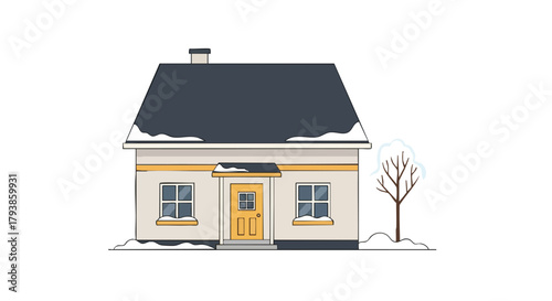 Cozy winter home illustration with snow-covered roof, tree, inviting yellow door and a chimney, capturing the warmth and serenity of winter season
