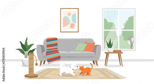 Playful pets in a cozy living room with sofa, window, carpet and house plants, perfect for showcasing domestic harmony and joyful moments with