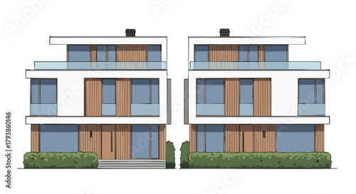 Architectural rendering showcasing two identical modern townhouses with clean lines and minimalist design featuring landscaping elements