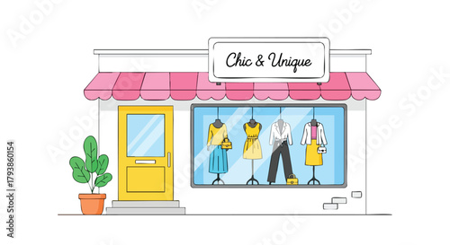 Whimsical storefront illustration featuring contemporary fashion apparel boutique design facade