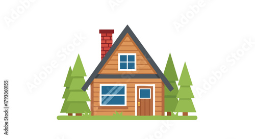 Cozy cabin nestled among verdant pines, a serene retreat illustrated with minimalist flair featuring a brick chimney and wood facade