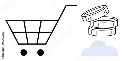 Shopping cart, coin stack, and cloud reflect concepts of online shopping, cloud technology, digital payments, ecommerce, cost efficiency, retail and business strategy. Simplified flat metaphor