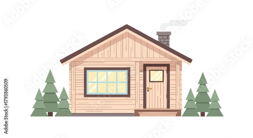 Charming Wooden Cabin Retreat Amidst Tranquil Evergreen Forest Landscape Illustration