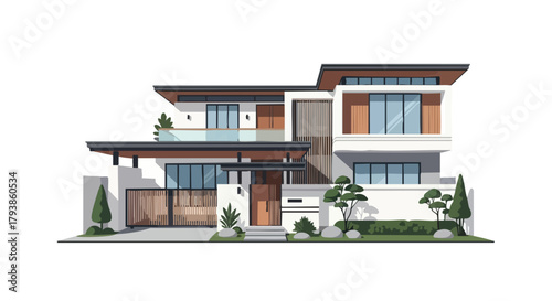 Modern minimalist home design showcasing clean lines, geometry, and elegant landscape features with an artistic architectural rendering approach