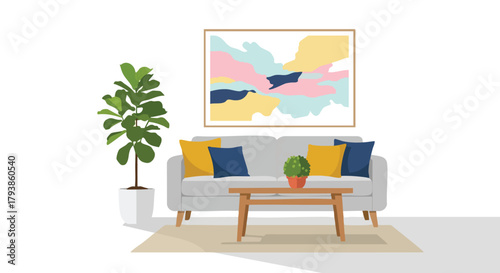 A Bright Minimalist Interior: Serene Living Space with Modern Artwork and Lush Greenery enhancing the Cozy Ambience of a Stylishly Furnished Home