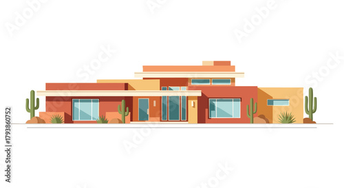 Modern Desert Oasis: A Flat Vector Illustration of Southwestern Home Architecture