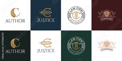 A collection of elegant vintage-style logos featuring law firm emblems, company emblems, author monograms, and symbols of justice.