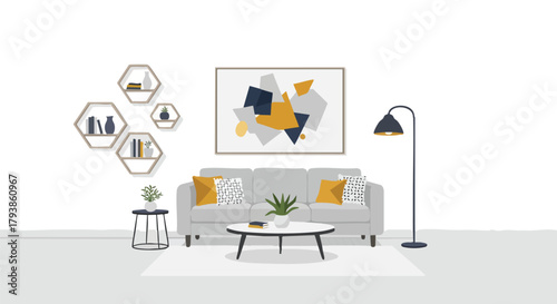 Stylized living room interior with geometric art, offering a blend of modern design and comfort in a serene space