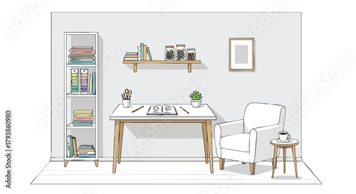 Cozy workspace sketch with bookshelves, jars and artistic elements showcasing design inspiration and workspace setup perfect for creatives