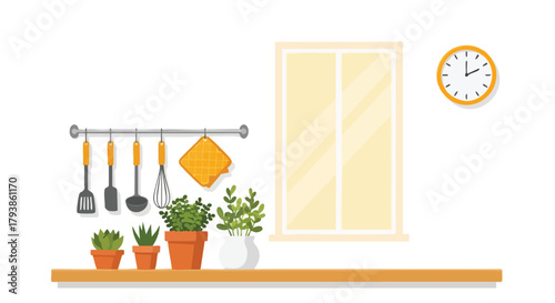 Cozy kitchen scene with various cooking tools and houseplants, with sunlight gently streaming through the window illuminating the space creating a