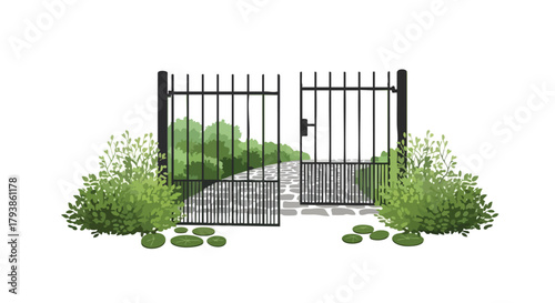 Ornate Iron Gate with Stone Path Leading to Lush Greenery in a Peaceful Garden Setting