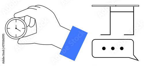 Watch in hand, speech bubble with three dots, and a podium illustrate time management, presentation skills, effective communication, public speaking, leadership, productivity optimization