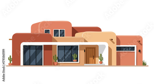 Contemporary southwestern style adobe house with simple geometric shapes in warm earth tones creating inviting minimalist aesthetic architecture