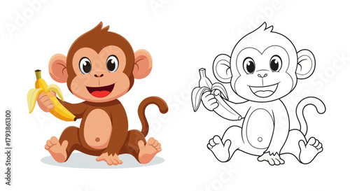 Cartoon illustration of a cheerful monkey holding a banana, with a black and white outline version beside it, suitable for coloring.