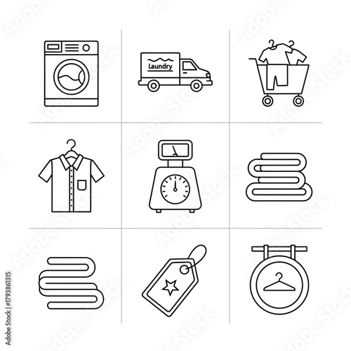 A collection of line icons depicting laundry related items, including a washing machine, delivery truck, clothing on a hanger, and folded towels.