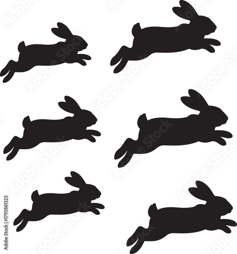 Six black rabbit silhouettes in mid-leap against a white background bunny 1
