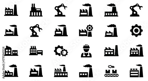 A collection of black silhouette icons representing factories, industrial robots, gears, and a construction worker on a white background.