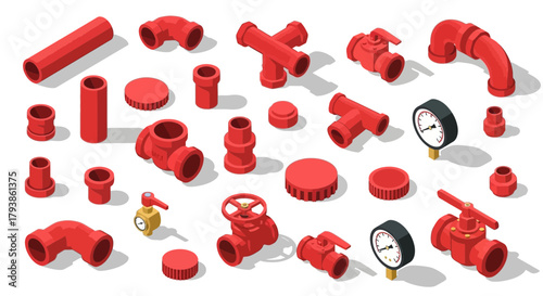 Isometric view of various red plumbing pipes, valves, gauges, and fittings arranged on a white surface, showcasing a collection of plumbing components.