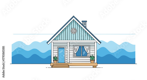 Whimsical seaside cottage illustration with vibrant blue waves and tranquil atmosphere displayed with subtle white shades and gentle linear details