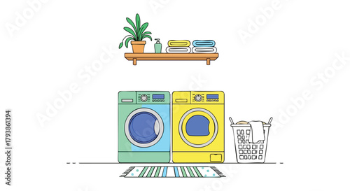 Vibrant Laundry Room Illustration Showcasing Freshness and Cleanliness with Colorful Machines and a Cozy Decor
