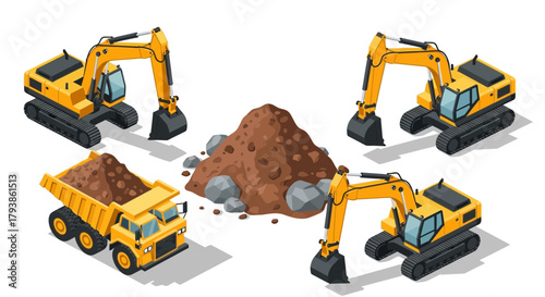 Isometric illustration depicting construction vehicles, including excavators and a dump truck, surrounding a pile of dirt and rocks.