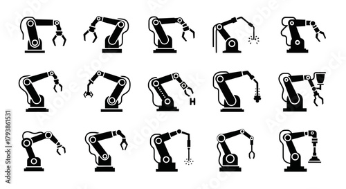 A collection of fifteen black and white vector illustrations depicting various robotic arms, each with different end effectors and joint configurations.