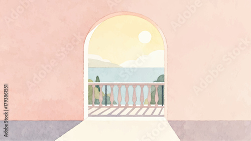 Watercolor Illustration of an Archway Overlooking a Seascape with Balcony