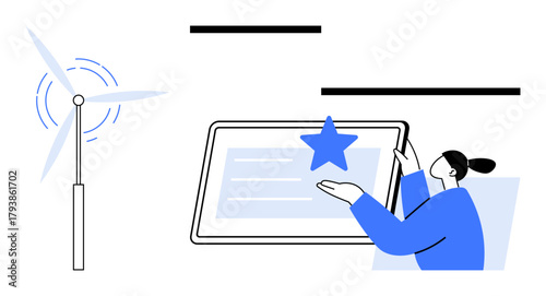 Woman interacting with tablet and star icon alongside wind turbine. Ideal for sustainability, technology, renewable energy, innovation, reviews, efficiency, digital design. Modern simple flat