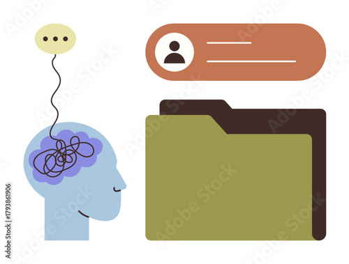 Brain with tangled thoughts, communication bubble, profile icon, and folder symbolizing data storage and mental processing. Ideal for technology, mental health, communication, organization