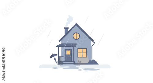 Cozy home illustration featuring a small blue house during a rain shower with a comforting domestic scene of dwelling and overcast season