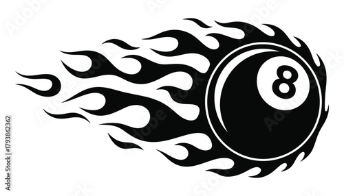 Fire billiard black eight ball icon, flaming pool ball vector illustration, dynamic design element for game graphics, logos, t-shirts, sports artwork
