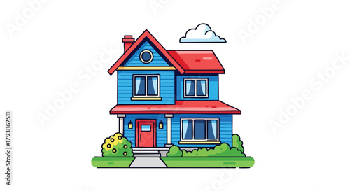 Vibrant Two-Story Home Illustration with Quaint Architecture and Welcoming Charm perfectly capturing the serene domestic bliss