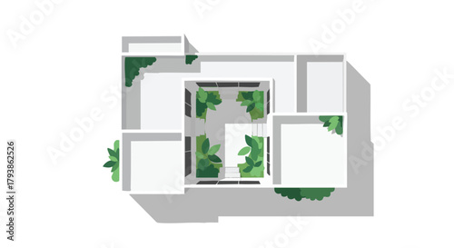 Architectural visualization of modern courtyard house plan with green space and natural light creating a serene and refreshing urban residence