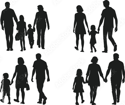 Family walking with a child silhouette. Black-and-white parents and children holding hands walking together vector illustration. Eps 10